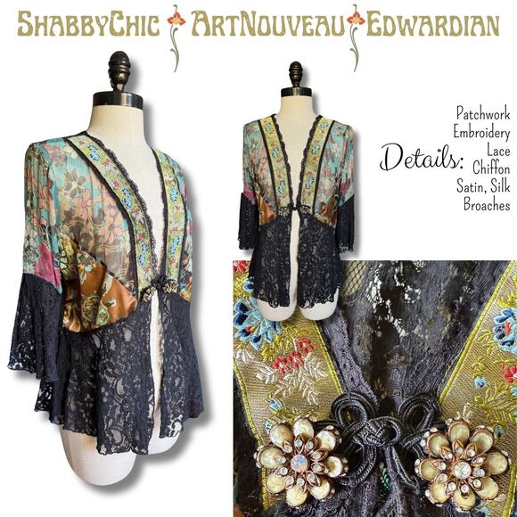 Vintage Shabby Chic Kimono Top Jacket Edwardian Patchwork Silk Gypsy Artsy Lace - Picture 1 of 10